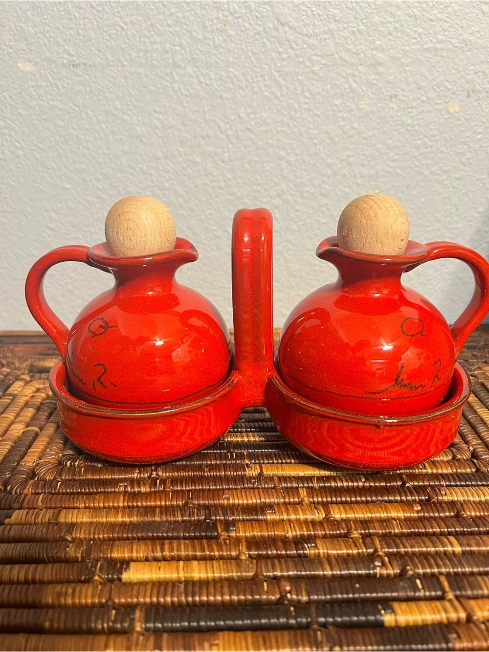 Red Oil And Vinegar Cruet Set W/ Caddy Stand Made in Italy